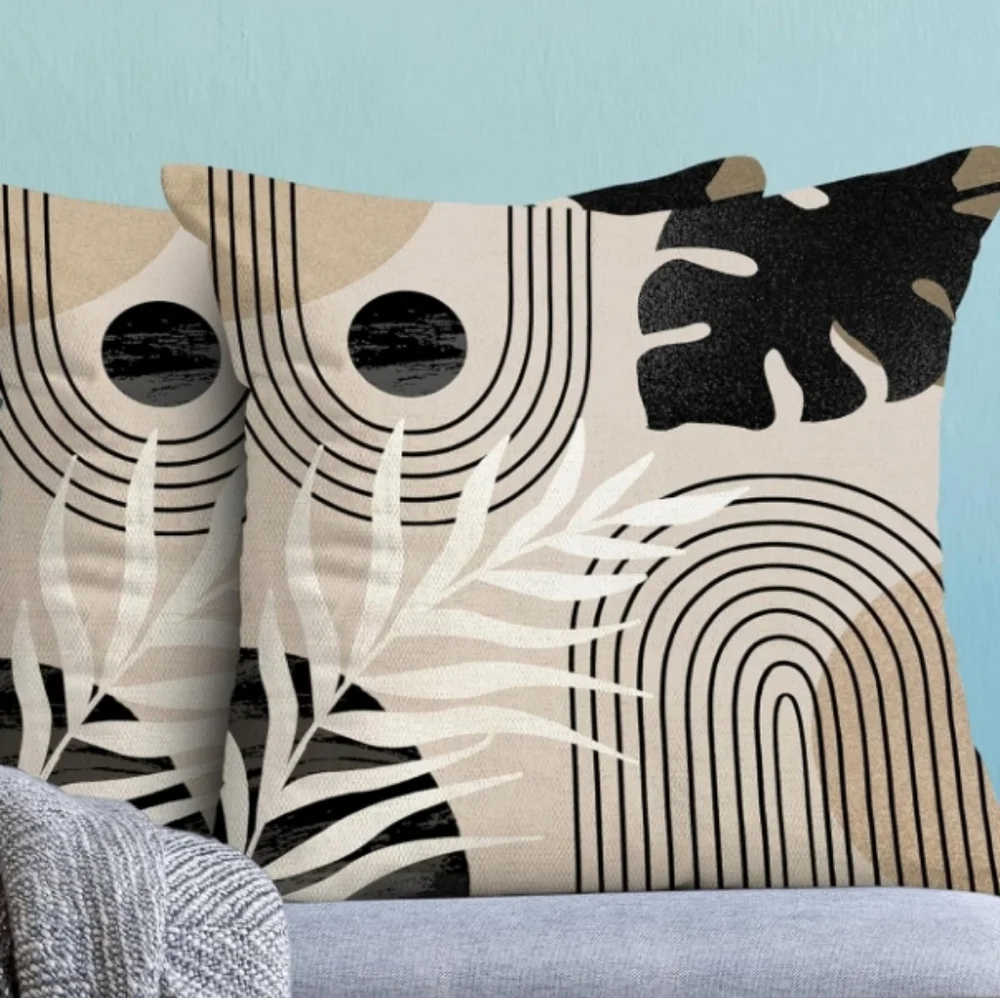 Boho Pillow Covers 18x18 Set of 2 Mid Century‎ Black Beige Tropical Leaf
